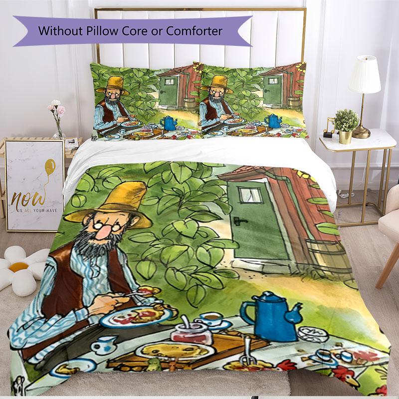 3pcs Duvet Cover Set (1*Duvet Cover + 2*Pillowcase, Without Core), Pettersson und Findus Print Soft All‑Season Bedding Set, Home Bedroom Decor Gift