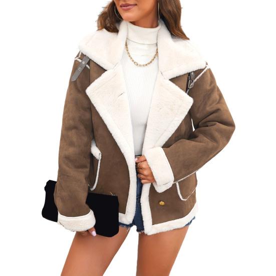 

Куртка из искусственной замши для женщин, повседневная, с лацканами, толстое пальто на подкладке из шерпы, зимнее, из пушистого флиса S