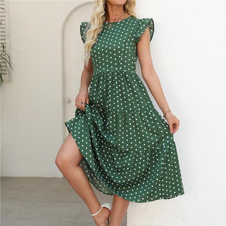 Summer Women Sleeveless Round Neck Ruffled Dot Print Long Dress Polka