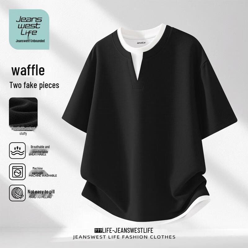 JEANSWEST LIFE Unisex Waffle Knit Faux Layered Short Sleeve T-Shirt M