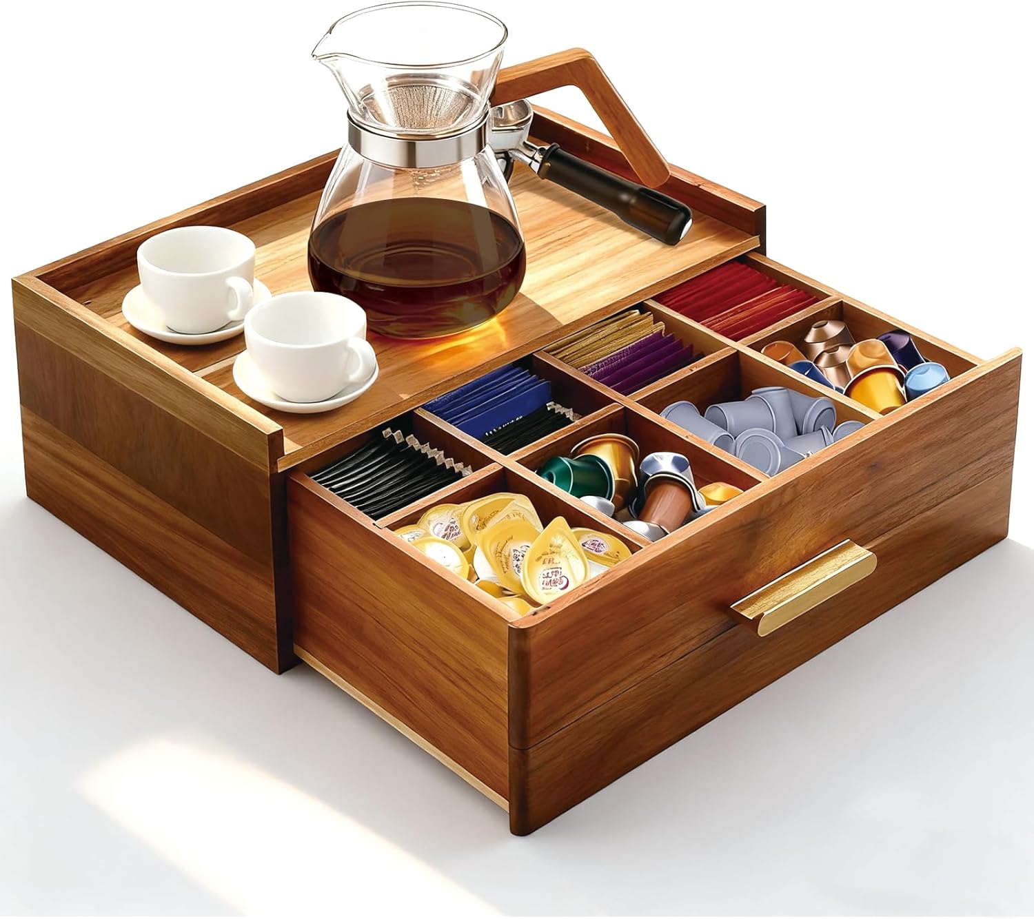 

Acacia Wood Tea Bag Organizer with Removable Drawer, Tea Storage Caddy for Countertop