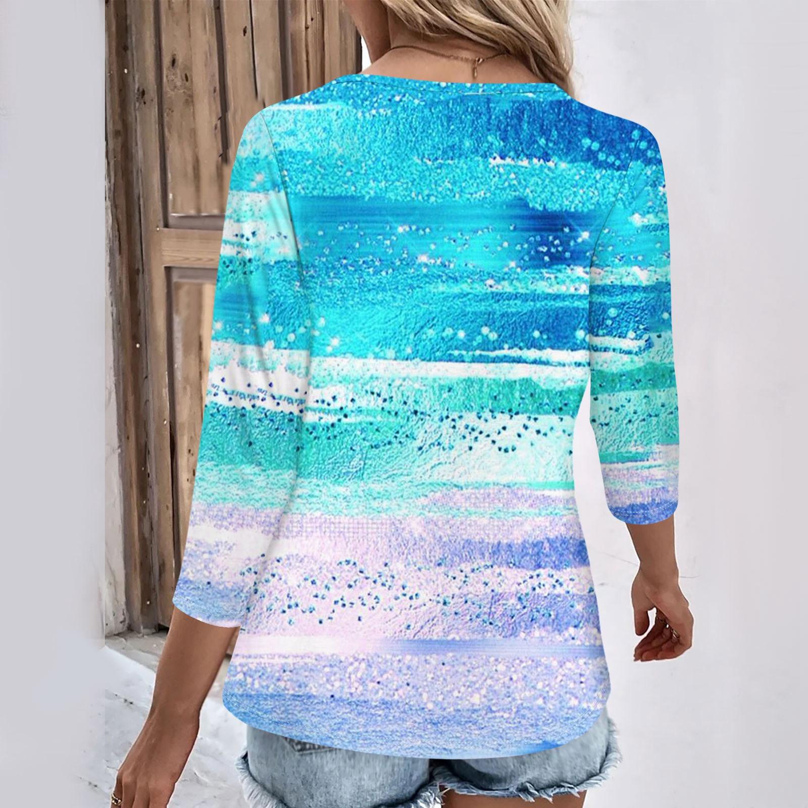 Женские повседневные футболки с рукавом 3/4 для выходных с V-образным вырезом и принтом — фото 5