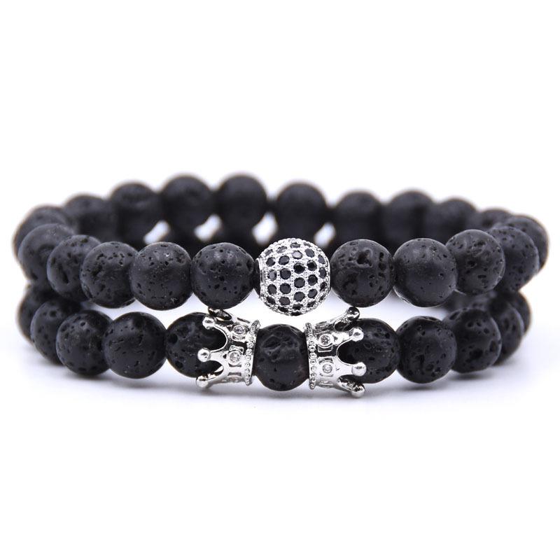 Newest Selling 2PCS Beads Natural Lava Stone Bracelets for Women Micro Pave Cz Ball Charms Bracelet Jewelry