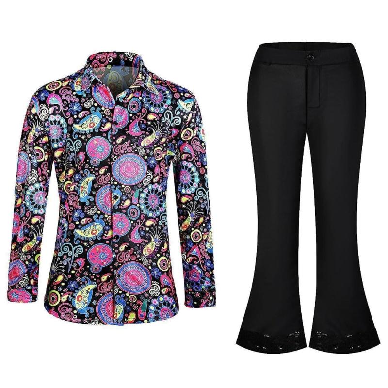 Mens 70s Disco Outfits Bells Bottom Pants Shirt Wigs Necklace Mustache Sunglasses 60s 70s 80s Disco Costume Accessories