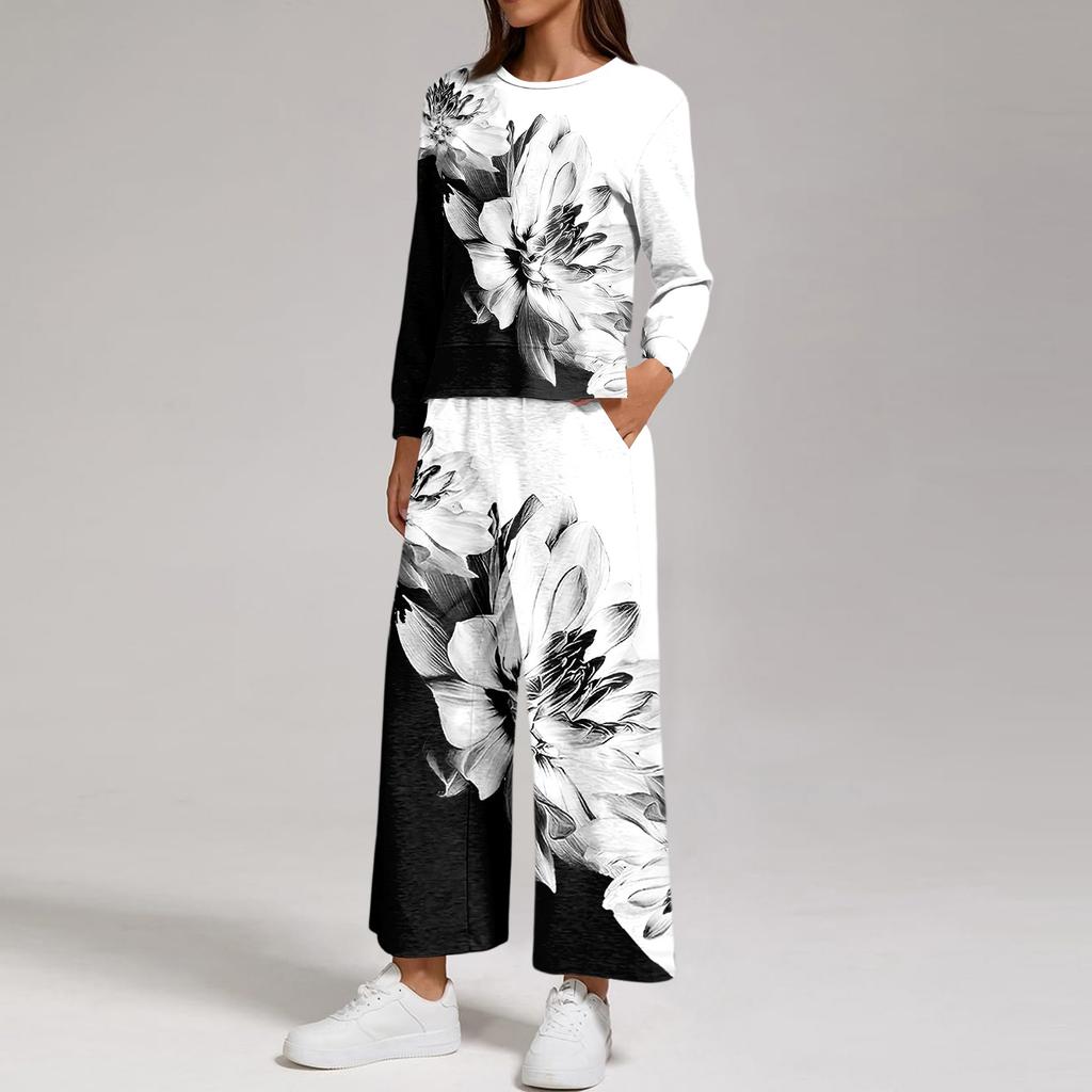 Women's Casual Round Neck Loose Fit Sweatshirt and Pants Set with Printed Split Hem