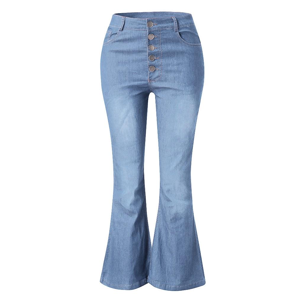Women  Elastic Plus Loose Denim Pocket Button Casual Boot Cut Pant  Jeans