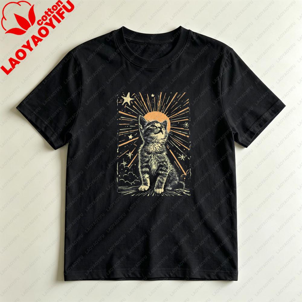 Vintage Celestial Cat Tarot Style Graphic TShirt Mystical Starry Kitten Casual Tee Unisex Summer Daily Life Fashion Cotton Tops