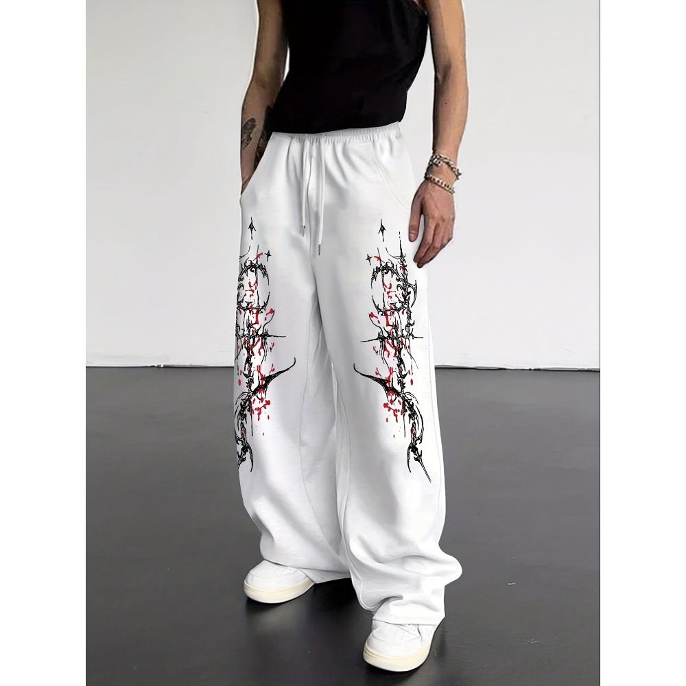 Men's Irregular Pattern Printed Drawstring Waistband Sports Pants, Casual and Comfortable, Classic Wide Leg Pants