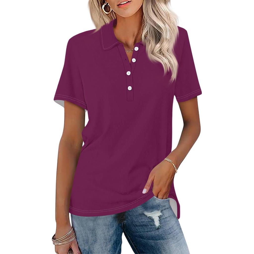 Women's Fashion Lapel Short Sleeve Solid Color Printed Button Top
