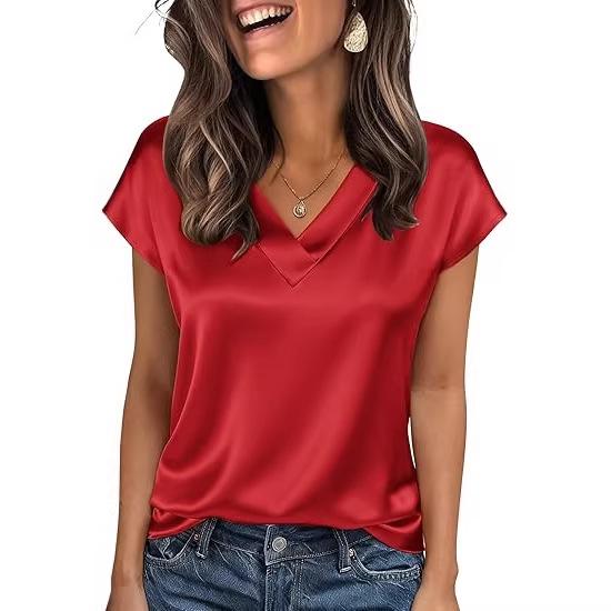 Women's V-Neck Satin T-Shirt - 12 Colors, Spring/Summer Fashion, Casual European/American Style