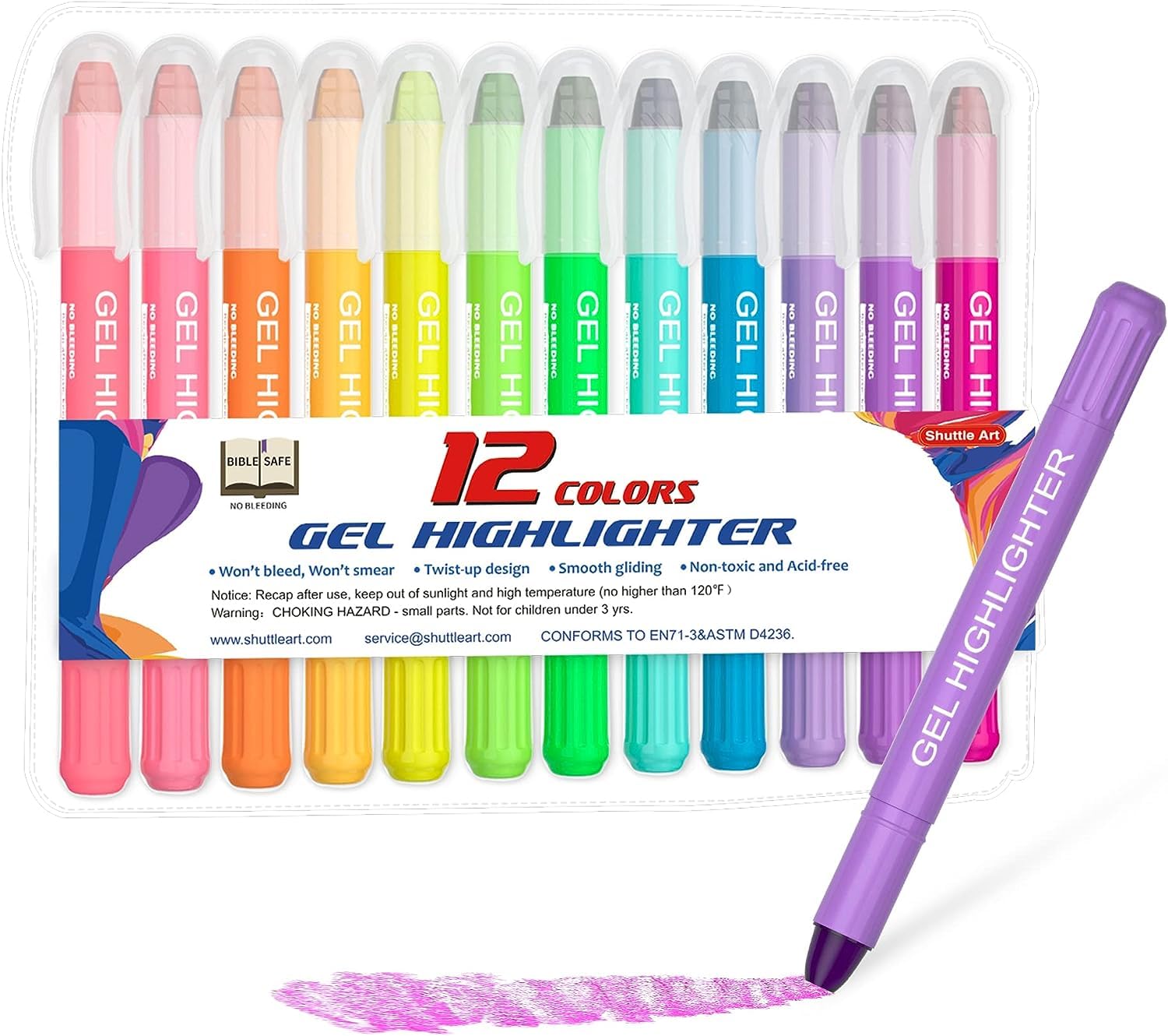 

Shuttle Art Highlighter Bright Solid Fluorescent Fluorescent Retractable Gel with Clear for Marking Convenient Storage Pens, Colors, 12-Color Set,