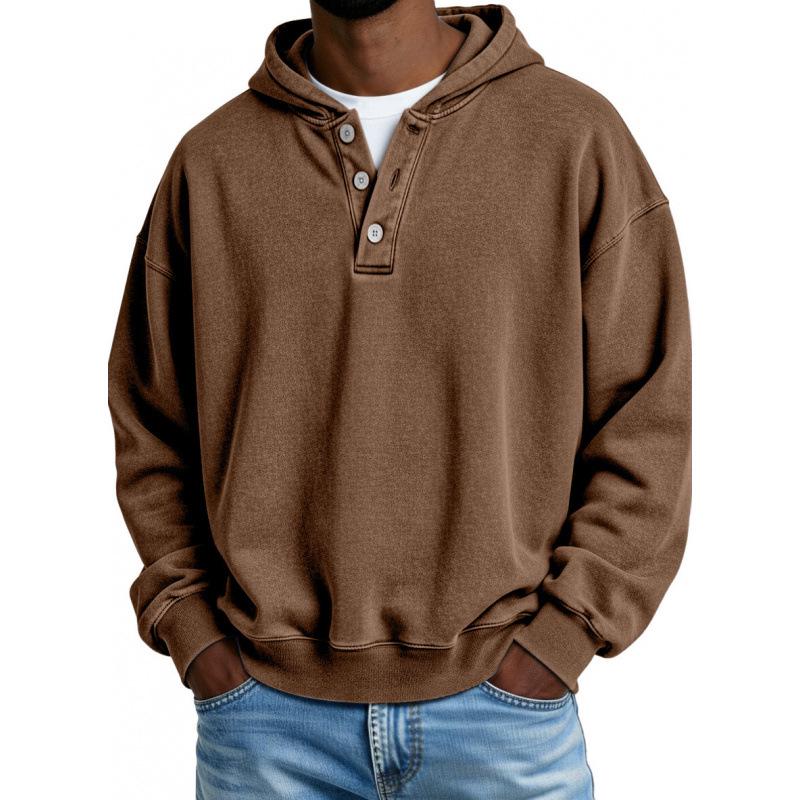 2025 European & American Men's Solid Color Hooded Sweatshirt - Three-Button, Loose Fit, Long Sleeve Jacket for Spring & Autumn
