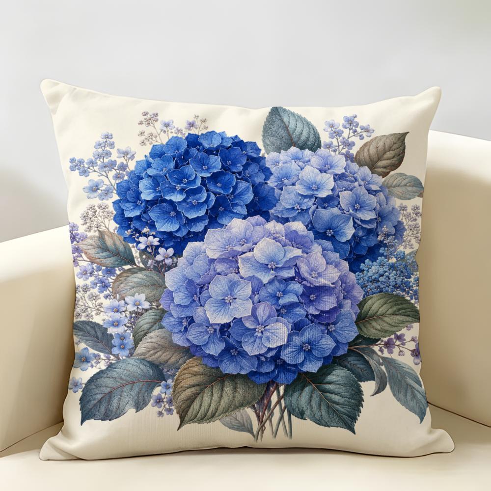 Blue Hydrangea Floral Cushion Cover Durable Hypoallergenic Organic Linen Pillow Cover Short Size Washable SkinFriendly