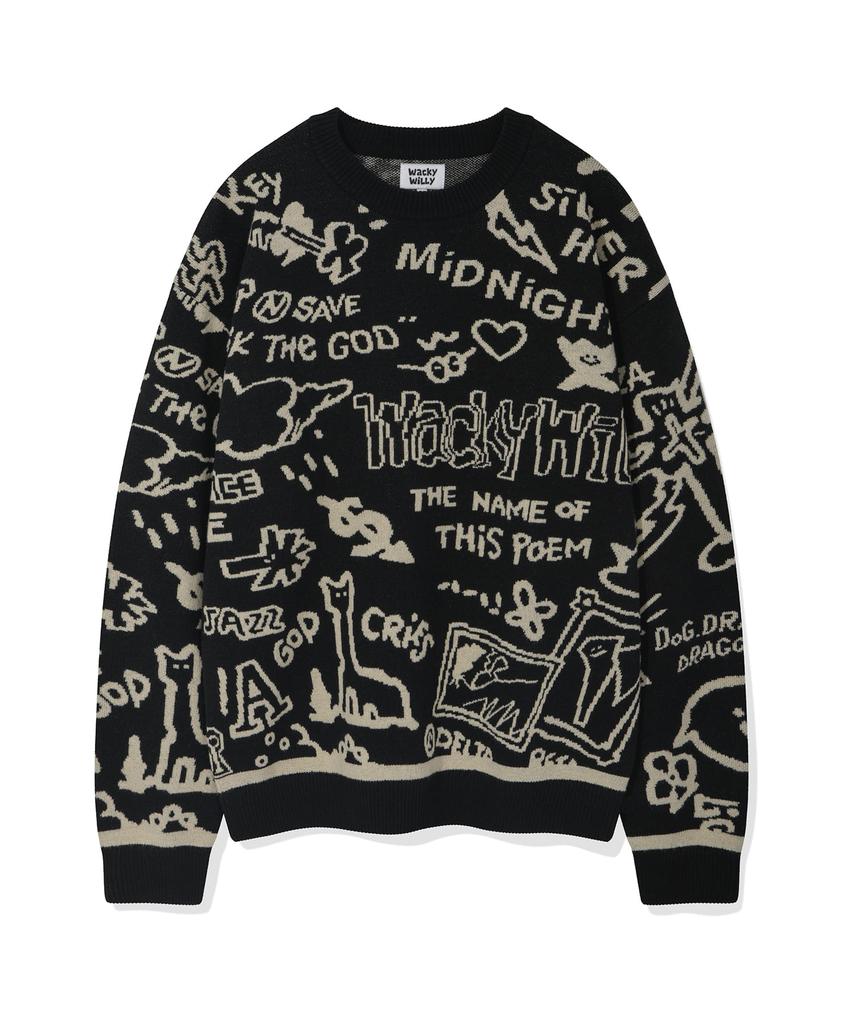WACKY WILLY Graffiti Jacquard Pullover Black