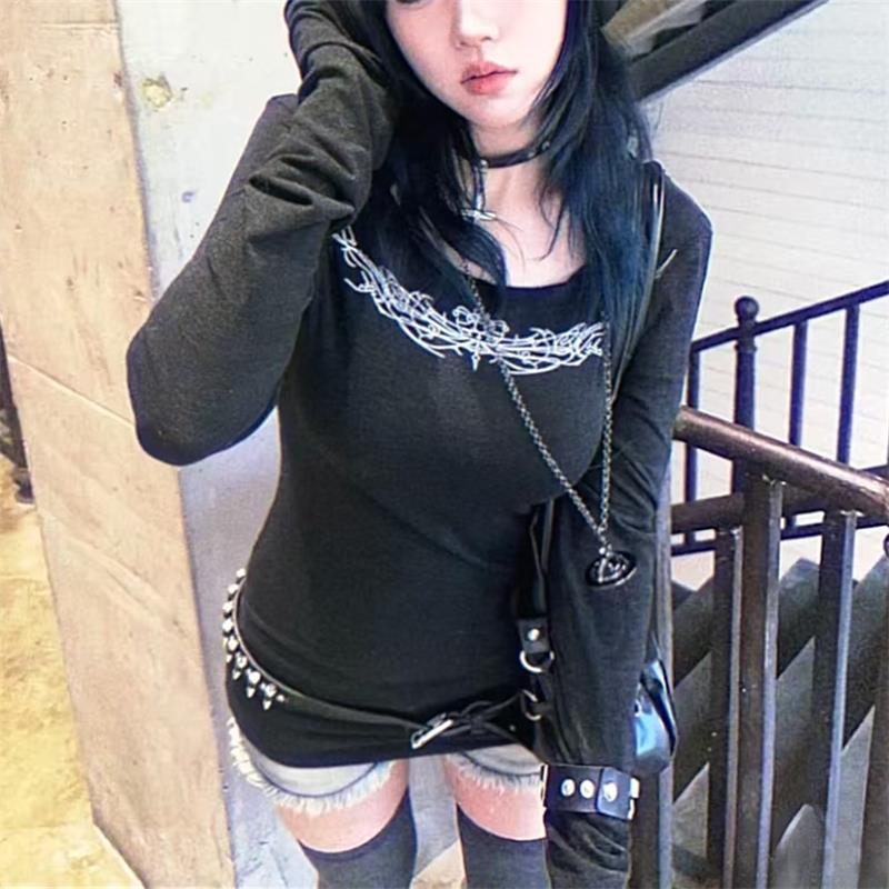VAYLA Y2k Gothic Print T-shirt Trashy 2000s Style Long Sleeve Tops Vintage Harajuku Streetwear American Retro T-shirts