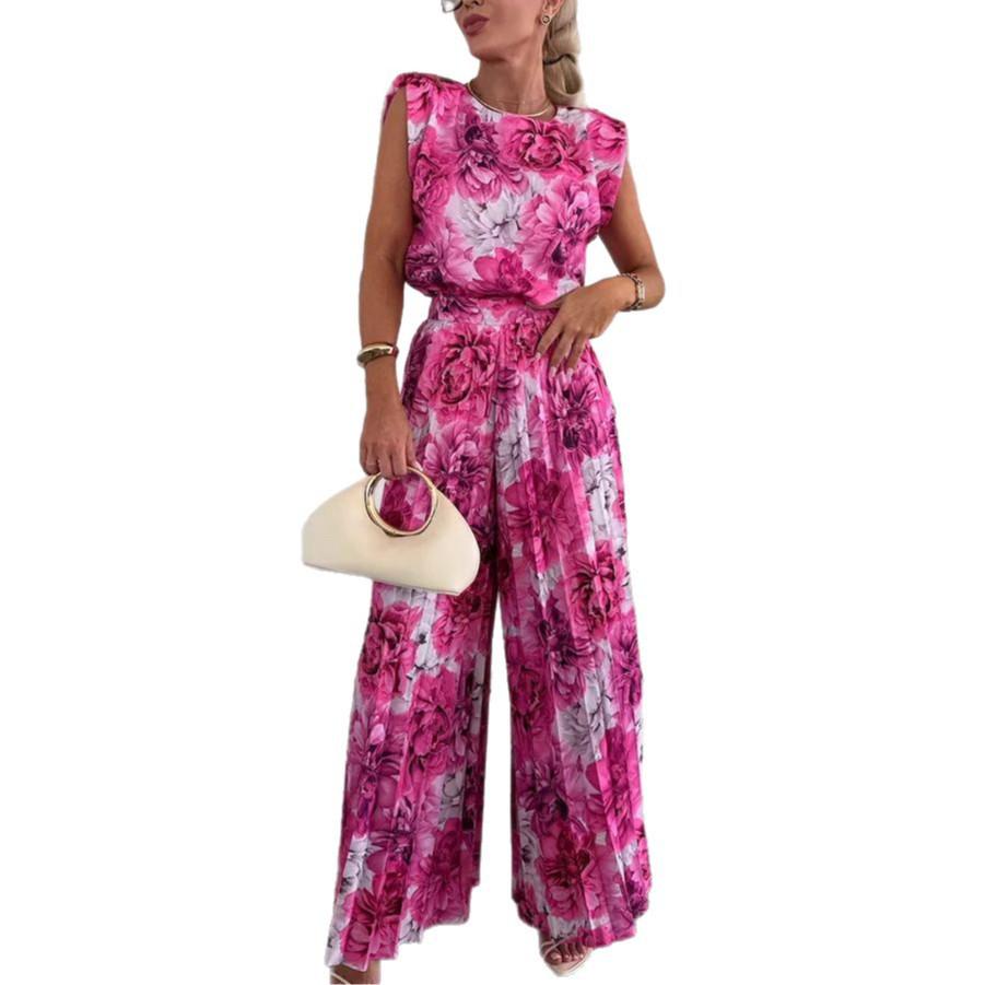 Conjunto de Moda Feminino 2025: Conjunto de Duas Peças: Top sem Mangas de Gola Redonda e Calças de Perna Larga Plissadas