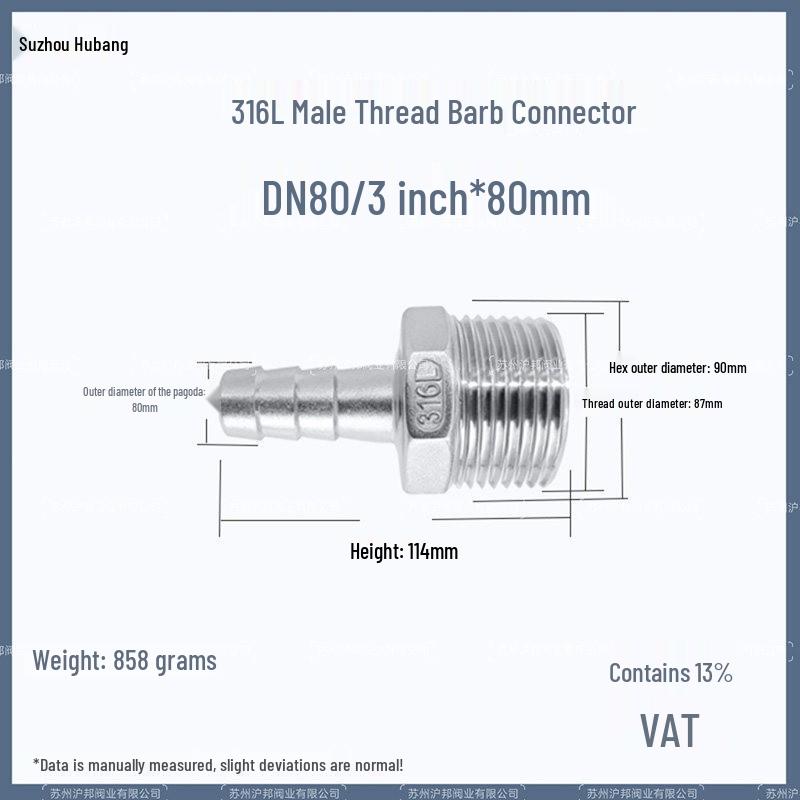 1" Hexagonal Barb Connector, 304 Stainless Steel for Water Pipe Hose, 316 Male Thread Plug