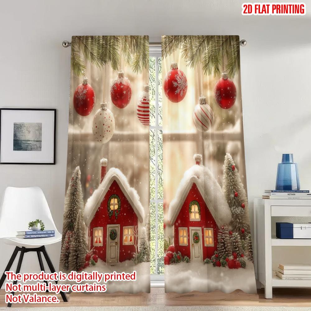 

Set Of 2 Flat Printing Christmas Curtains Cozy Red Houses Snowfall Ornaments Digital Printed Polyester Drapes Spring Curtain W100*H70(CM)-Rod Pocket&1PCS