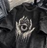 Amerikanisches Retro Gewaschenes Used Look Vollbild Auge Handflächenabdruck Kurzarm T-Shirt für Damen Locker sitzendes Oberteil