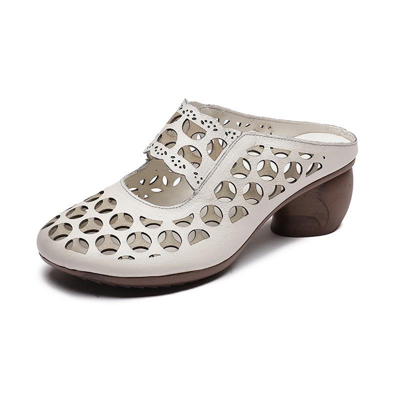 Baotou Women's Genuine Leather Mid-Heel Ethnic Style Slippers - Summer 2025 Hollow Soft Sole Sandals