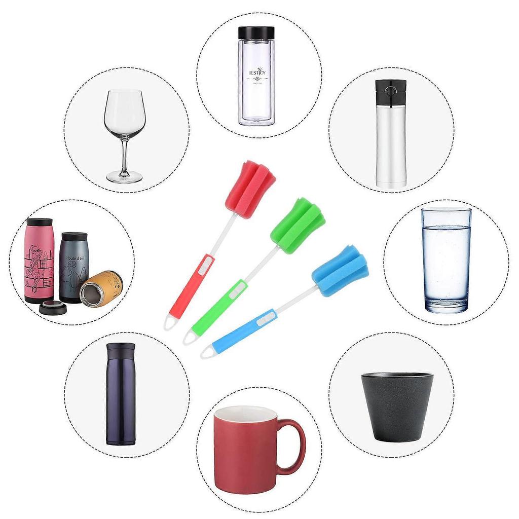 3Pcs Sponge Bottle Brushes with Adjustable Long Handle, Soft Dishwashing Foam Cleaning Brushes for Cups Mugs Kettles
