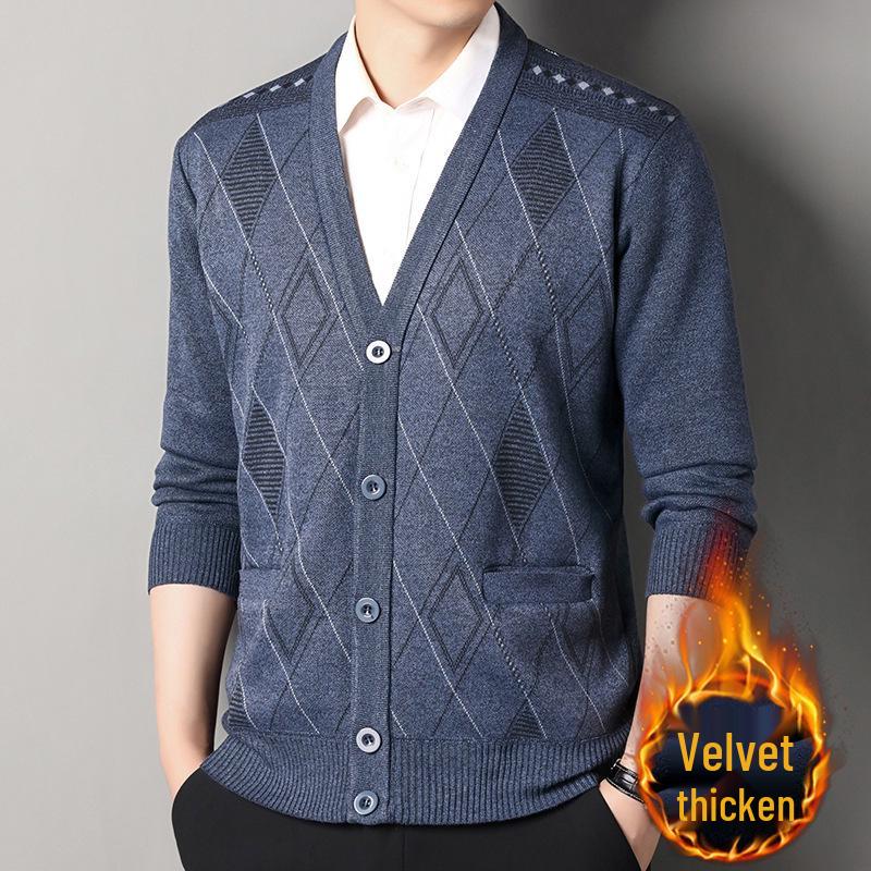 Men's V-Neck Jacquard Sweater Coat - Plus Velvet Knitted Cardigan for Autumn/Winter
