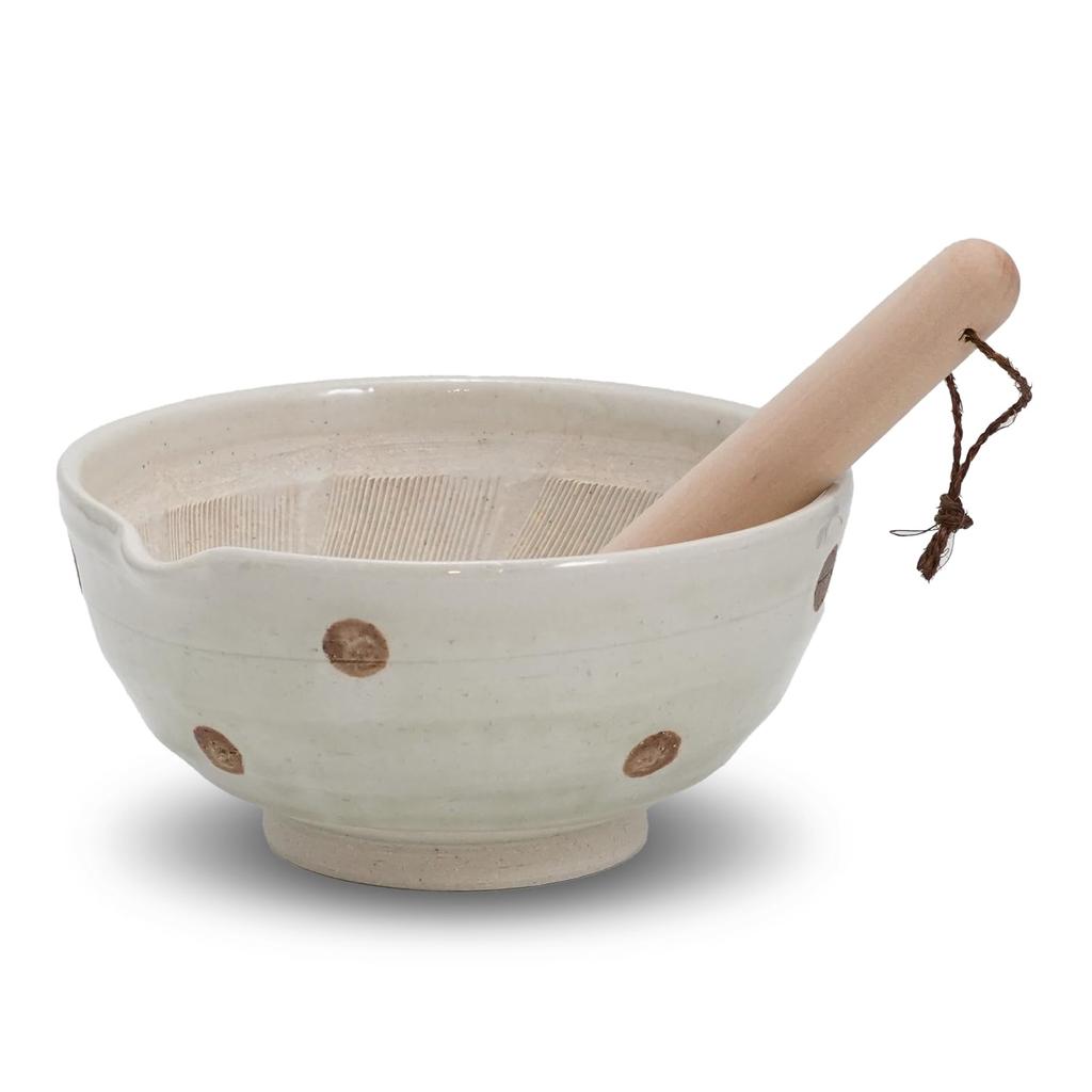 Fukubeya Retro and Cute Polka Dot Sesame Mortar, 18cm Diameter, with Pestle - Rustic Ceramic Design That Blends In with Your Kitchen (Hiwa Polka Dot)