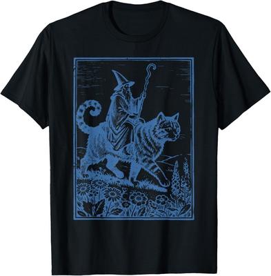 Vintage Zauberer Katze Reiter Lustiges Zauberer Reiten Riesige Katze T-Shirt