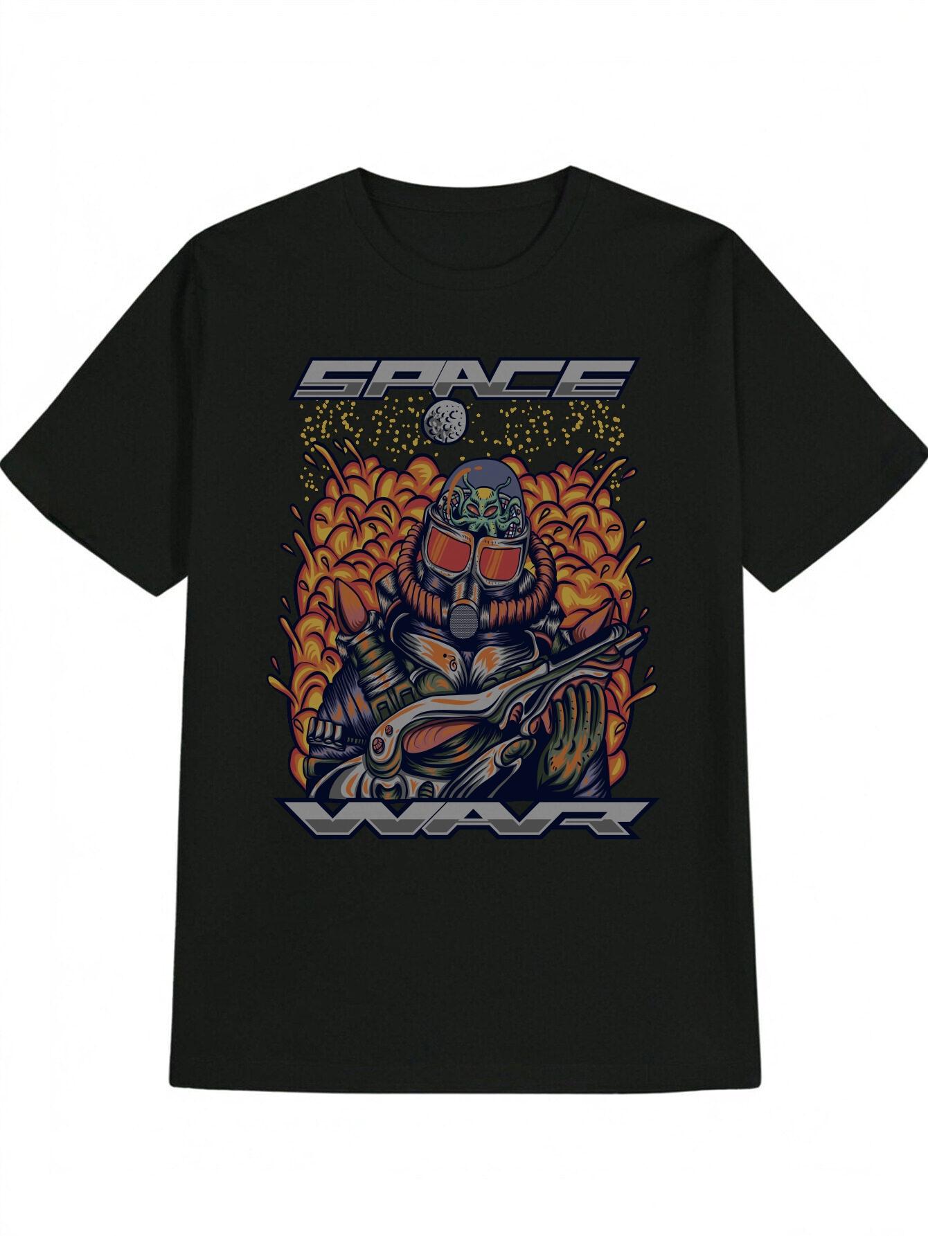 Casual Graphic T-shirt with Astronaut Helmet Space Art Print - Black Round Neck Summer Tee M