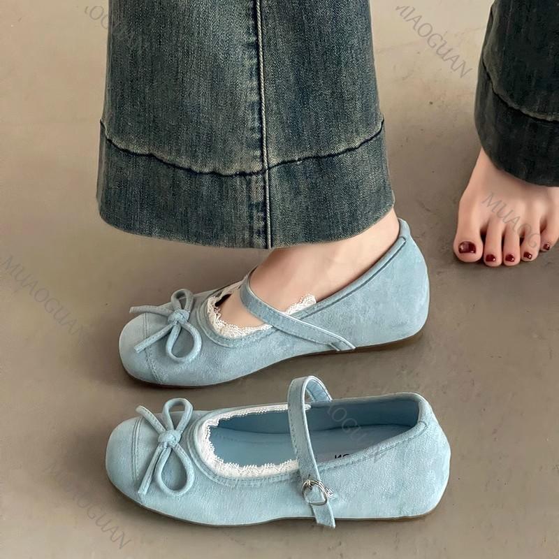 Fashion Spring Summer Inner Heighten Bow Shallow Lace Side Flats Casual Solid Belt Buckle Suede Soft Sole Eelgant Dress Ballet Shoes