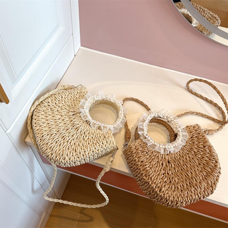 Adorable And Fashionable Woven Kids Handbag In White And Khaki Ideal For Preschoolers