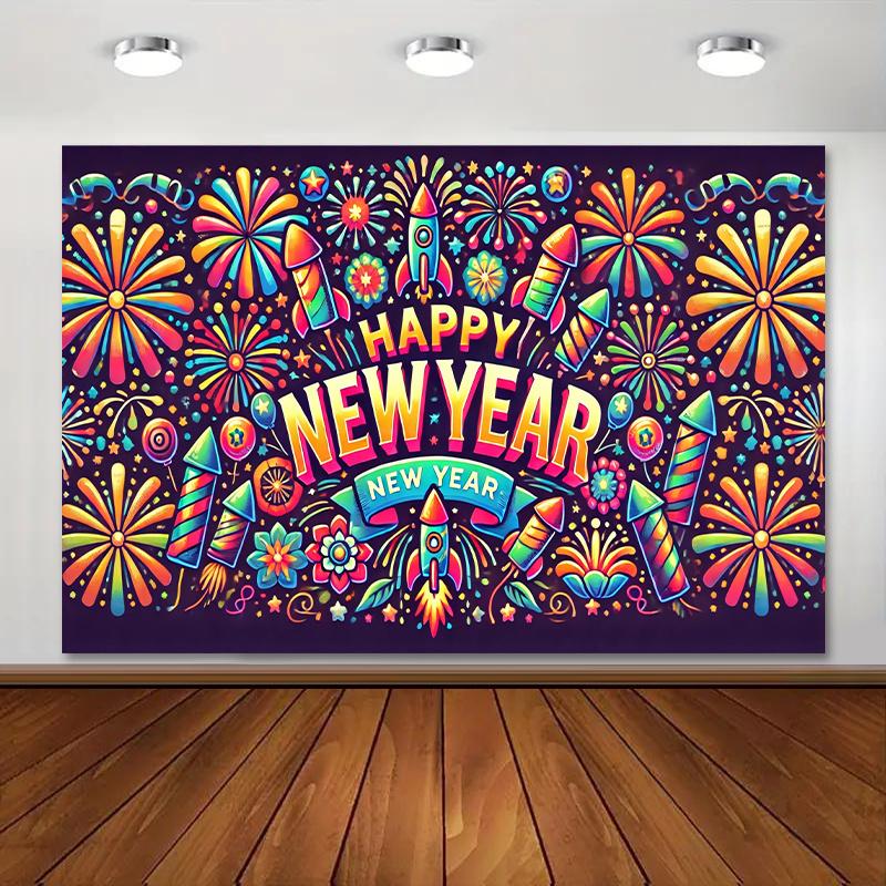 1 piece, Happy New Year fireworks background cloth, durable, suitable for wedding photo props, bedroom, living room 150X100