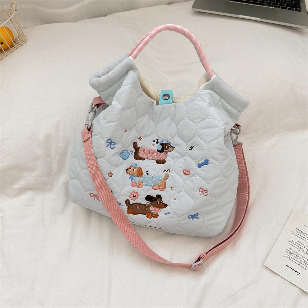 Adorable Embroidered Cartoon Shoulder Bag Large Capacity Commuter Tote Bag In White Blue Yellow And Pink
