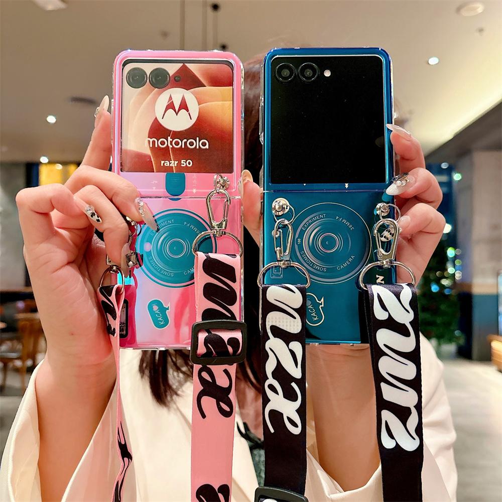 Retro Camera Phone Case For Motorola Moto Razr 50 Ultra Blu-ray PC Hard Shell Protect Crossbody Rope Back Cover