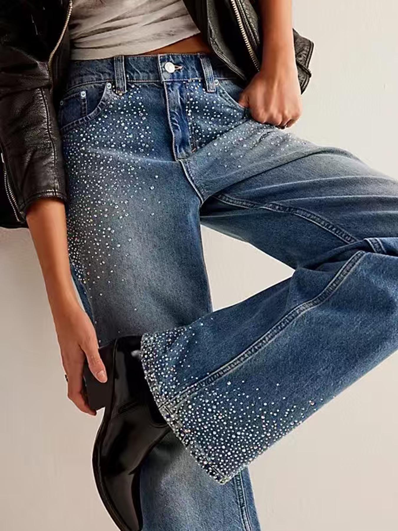 

European Style High Elastic Straight-Leg Jeans with Decorative Hot Drill for Women XL павлин голубой