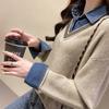 Fake Two-piece Sweater Women's Patchwork Denim Shirt with A Collar Casual Top Loose Long-sleeved Pullover and A Knitted Sweater