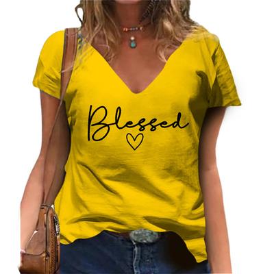 Blessed Printed V-neck T-shirt Casual Short Sleeved Women Fashion Streetwear Oversized V-Neck