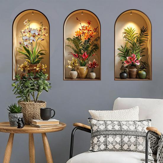 3 Pcs 3D Wall Vase Flower Wall Stickers Vintage Art Self-Adhesive Colorful