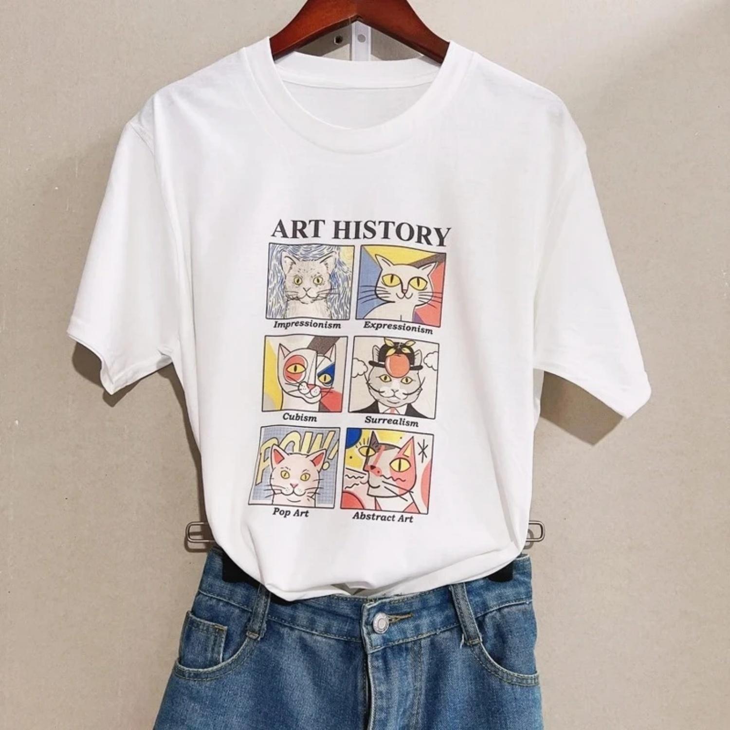 2025 Art History Cat Funny Printed T Shirt Women Short Sleeve Fashion O-Neck Printing Tops Women Clothing Graphic T Shirts Y2K S