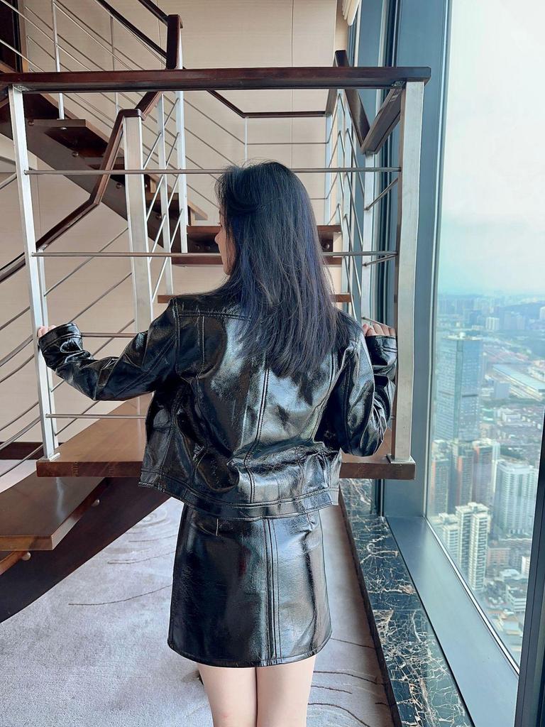 Two-Tone Stand Collar Patent Leather Jacket - Black & Blue