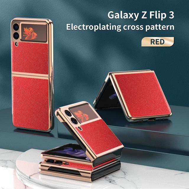 Plain Leather Case For Samsung Galaxy Z Flip 3 Phone Shell Z Flip Folding Screen Electroplating All -Inclusive Anti -Fall Holster