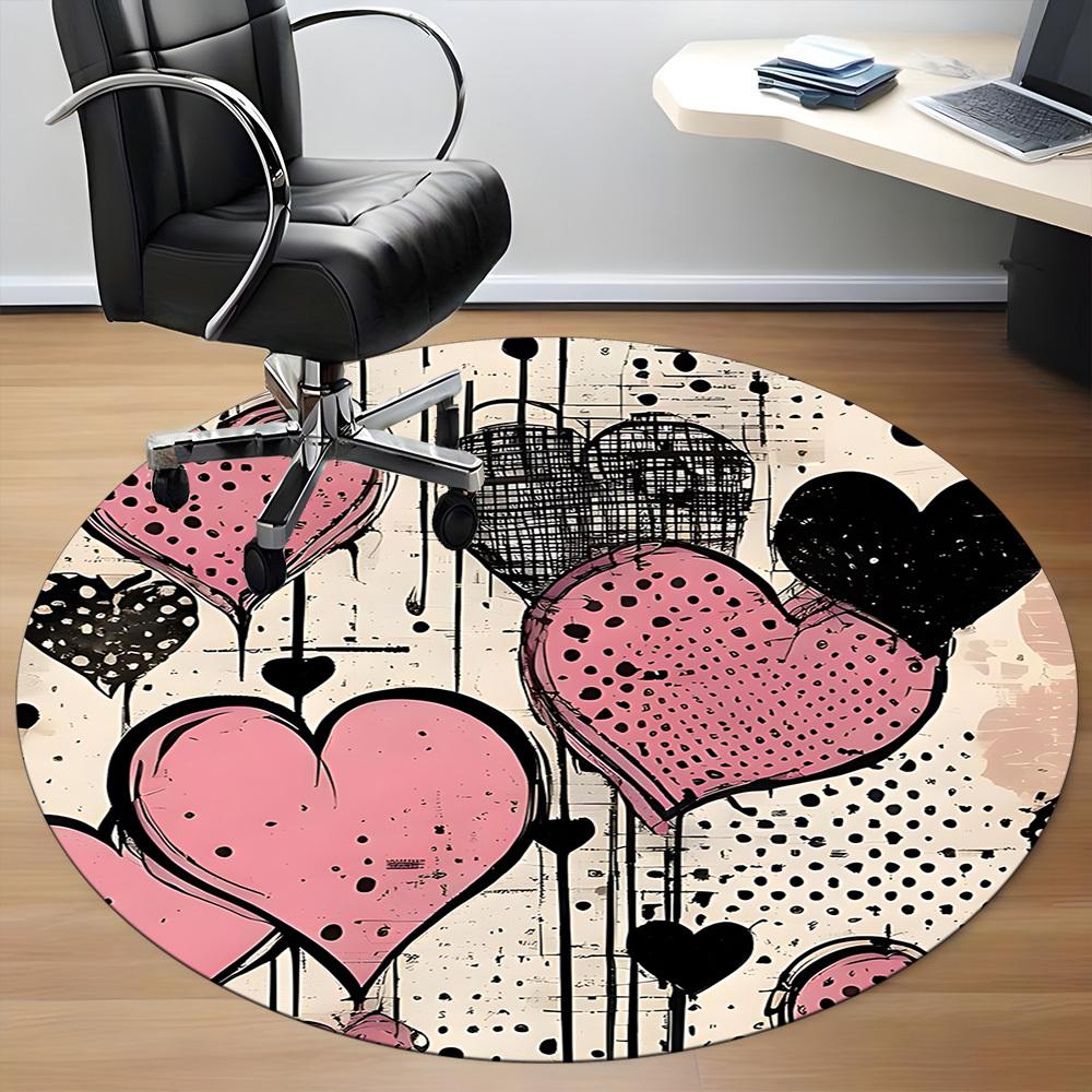 1pc Heart Print Chair Carpet for Office, Round Polyester Mat, Indoor Decor for Office, Washable Non-slip Carpet yy251219113