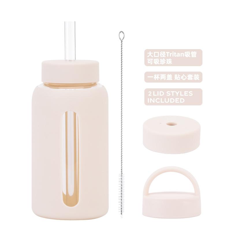 600ml Glass Cup, Double Lids,Silicone Sleeve,Anti-hot Heat Insulation,Large Capacity,Outdoor Portable,Graduated Water Bottle,Mug 600ml