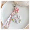 Cute Pink Flower Resin Cat Shape Pastel Bead White Wax Cord Tweed Ribbon Bag Charm Girl Backpack Accessories Bag Charm