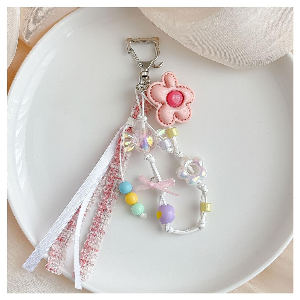 Cute Pink Flower Resin Cat Shape Pastel Bead White Wax Cord Tweed Ribbon Bag Charm Girl Backpack Accessories Bag Charm