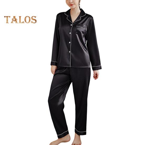 2-teiliges Pyjama-Set aus Satin, einreihig, Strickjacke, V-Ausschnitt, Reverskragen, einfarbiges Hemd, weite Hose, lockere Hose, Nachtwäsche