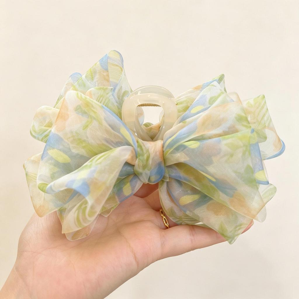 Korean Chiffon Mesh Bow Shark Clip - High-End French Retro Hair Claw with Crystals.
