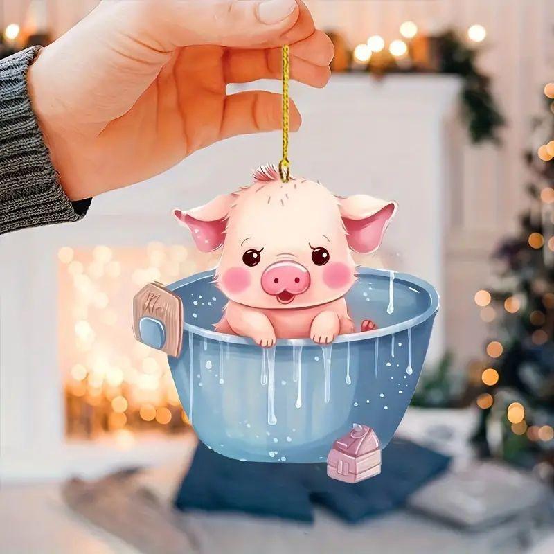 Adorable Acrylic Cartoon Pig Bucket Pendant For Car Interior Decoration Unique Design