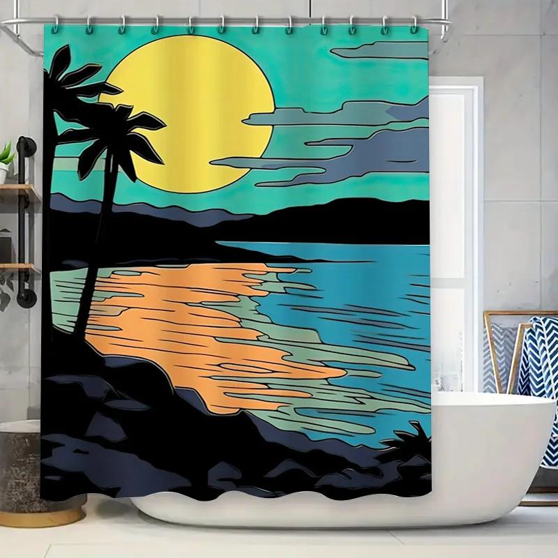Vibrant Bathroom Shower Curtain with Palm Trees Sunset Print for Home Decor Modern Waterproof Fabric