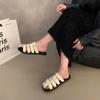 Retro Roman Shoes Women Genuine Leather Mules Round Toe Flat Sandals Buckle Slippers Ladies Fashion Casual Shoes Summer